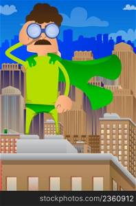 Funny cartoon man dressed as a superhero looking through binoculars. Vector illustration.