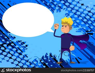 Funny cartoon man dressed as a superhero making power to the people fist gesture. Vector illustration.