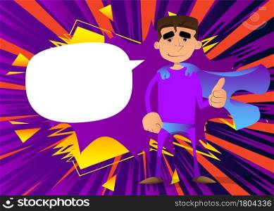 Funny cartoon man dressed as a superhero making thumbs up sign. Vector illustration.