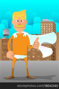 Funny cartoon man dressed as a superhero making thumbs up sign. Vector illustration.