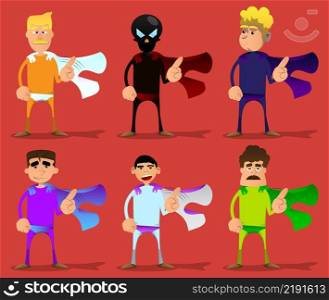 Funny cartoon man dressed as a superhero saying no with his finger. Vector illustration.
