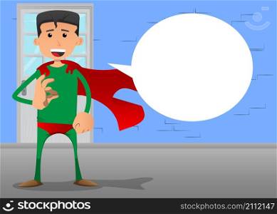 Funny cartoon man dressed as a superhero showing ok sign. Vector illustration.
