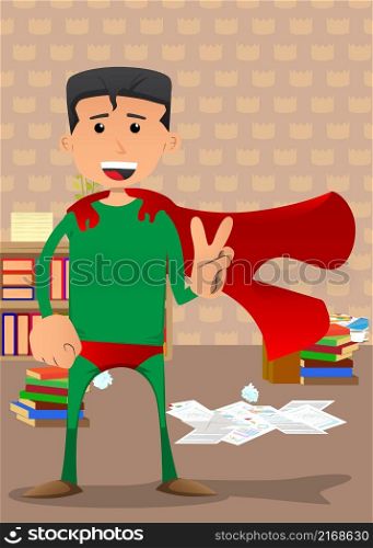 Funny cartoon man dressed as a superhero showing the V sign, peace hand gesture. Vector illustration.