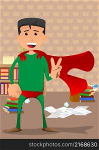 Funny cartoon man dressed as a superhero showing the V sign, peace hand gesture. Vector illustration.