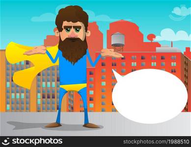 Funny cartoon man dressed as a superhero shrugs shoulders expressing don't know gesture. Vector illustration.