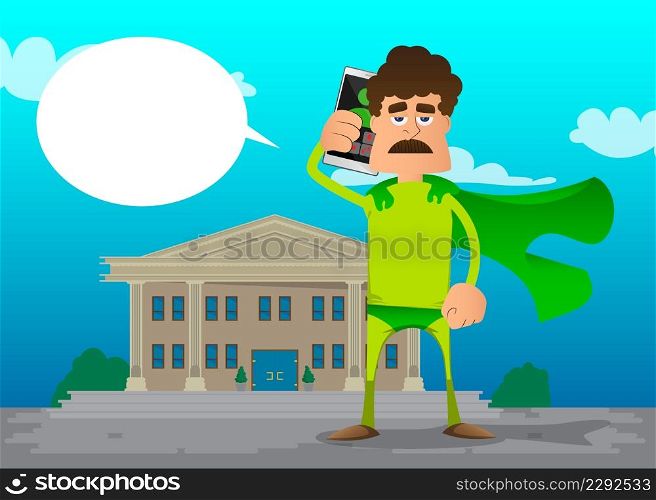 Funny cartoon man dressed as a superhero talking on cell phone. Vector illustration. Mobile Communication Concept.