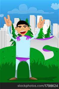 Funny cartoon man dressed as a superhero with hands in rocker pose. Vector illustration.
