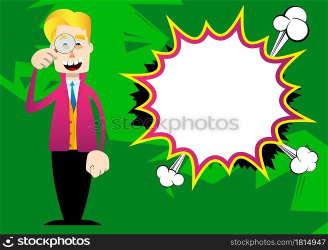 Funny cartoon man dressed for winter holding a magnifying glass. Vector illustration.