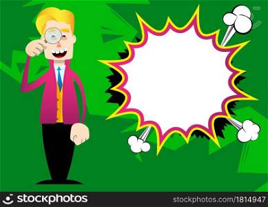 Funny cartoon man dressed for winter holding a magnifying glass. Vector illustration.