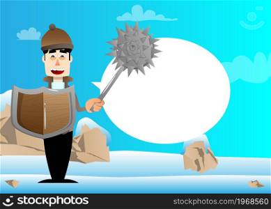 Funny cartoon man dressed for winter holding a spiked mace and shield. Vector illustration.