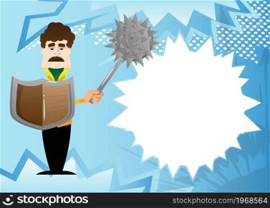 Funny cartoon man dressed for winter holding a spiked mace and shield. Vector illustration.