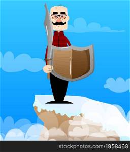 Funny cartoon man dressed for winter holding a sword and shield. Vector illustration.