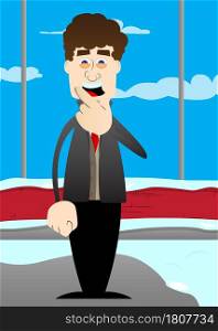 Funny cartoon man dressed for winter holding finger under his mouth. Vector illustration.