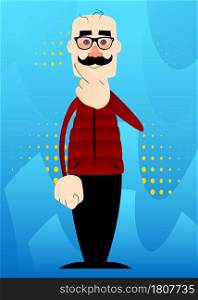 Funny cartoon man dressed for winter holding finger under his mouth. Vector illustration.