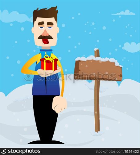 Funny cartoon man dressed for winter holding small gift box. Vector illustration.
