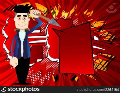 Funny cartoon man dressed for winter holding spear in his hand. Vector illustration.
