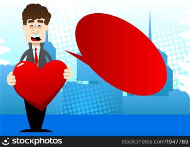 Funny cartoon man dressed for winter hugging big red heart. Vector illustration.