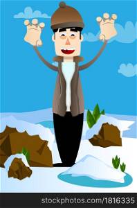 Funny cartoon man dressed for winter is trying to scare you. Vector illustration.