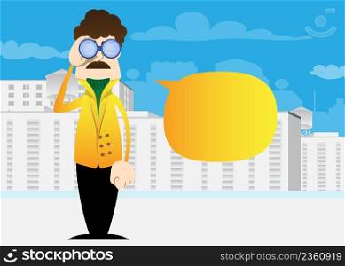 Funny cartoon man dressed for winter looking through binoculars. Vector illustration.