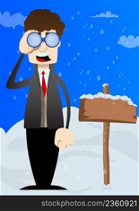 Funny cartoon man dressed for winter looking through binoculars. Vector illustration.