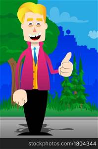 Funny cartoon man dressed for winter making thumbs up sign. Vector illustration.