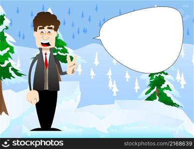 Funny cartoon man dressed for winter showing the V sign, peace hand gesture. Vector illustration.