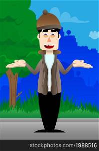 Funny cartoon man dressed for winter shrugs shoulders expressing don't know gesture. Vector illustration.