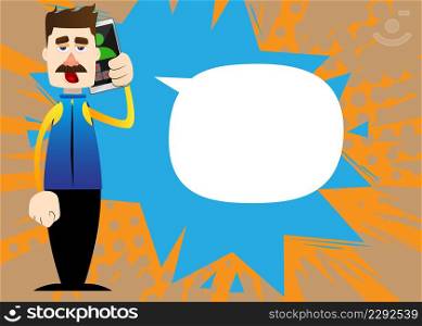 Funny cartoon man dressed for winter talking on cell phone. Vector illustration. Mobile Communication Concept.