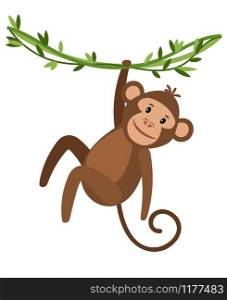 Funny cartoon monkey icon on white background. Cute monkey hanging on a creeper, vector illustration. Funny cartoon monkey icon