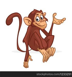 Funny cartoon monkey sitting and presenting. Vector illustration of chimpanzee scratching his head.