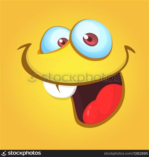 Funny cartoon monster face laughing. Vector Halloween orange monster illustration