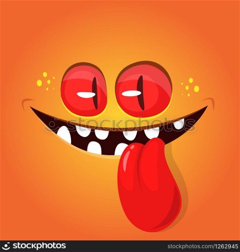 Funny cartoon monster face showing tongue. Vector Halloween orange monster avatar