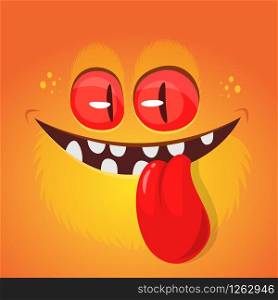 Funny cartoon monster face showing tongue. Vector Halloween orange monster avatar
