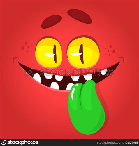 Funny cartoon monster face showing tongue. Vector Halloween red monster avatar