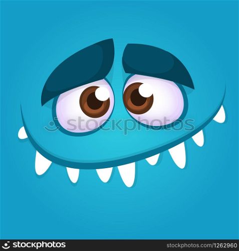 Funny cartoon monster face smiling. Vector illustration of blue creepy monster avatar. Halloween design
