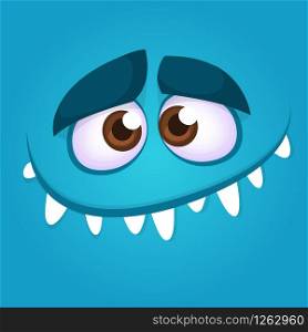 Funny cartoon monster face smiling. Vector illustration of blue creepy monster avatar. Halloween design