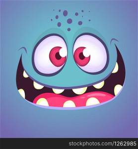 Funny cartoon monster face. Vector Halloween blue monster with wide mouth smiling.