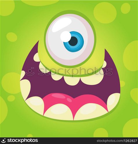 Funny cartoon monster face. Vector Halloween green cool monster avatar with wide smile