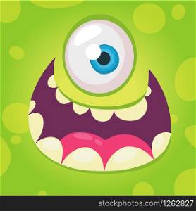 Funny cartoon monster face. Vector Halloween green cool monster avatar with wide smile