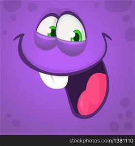 Funny Cartoon Monster Face. Vector Halloween illustration of purple excited monster