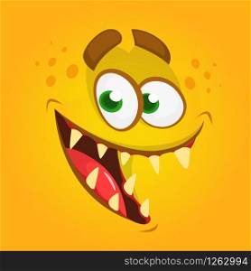 Funny cartoon monster face. Vector Halloween orange or yellow monster illustration