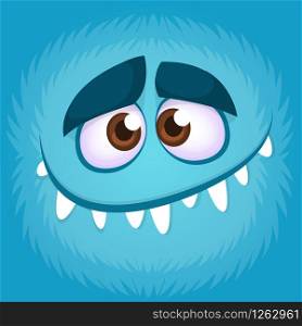 Funny cartoon monster face. Vector illustration of blue creepy monster avatar