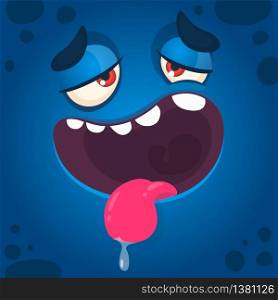 Funny cartoon monster face with big eyes showing tongue. Vector Halloween blue monster