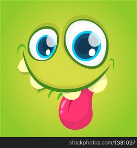 Funny cartoon monster face with big eyes showing tongue. Vector Halloween green monster