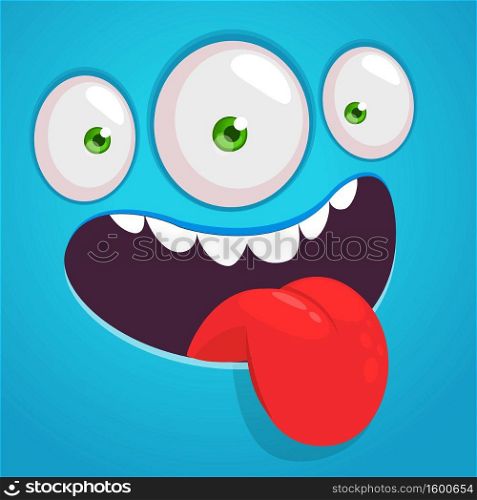 Funny cartoon monster face with three eyes showing tongue. Vector Halloween monster square avatar