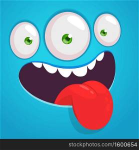 Funny cartoon monster face with three eyes showing tongue. Vector Halloween monster square avatar