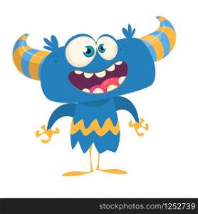 Funny cartoon monster smiling. Vector blue horned monster illustration. Yeti or bigfoot