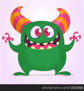 Funny cartoon monster waving hands excited. Vector green monster illustration. Halloween design