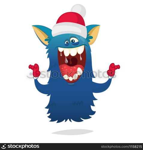 Funny cartoon monster wearing Santa Claus hat. Christmas illustration