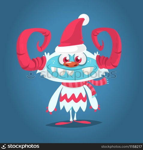 Funny cartoon monster wearing Santa Claus hat. Christmas illustration